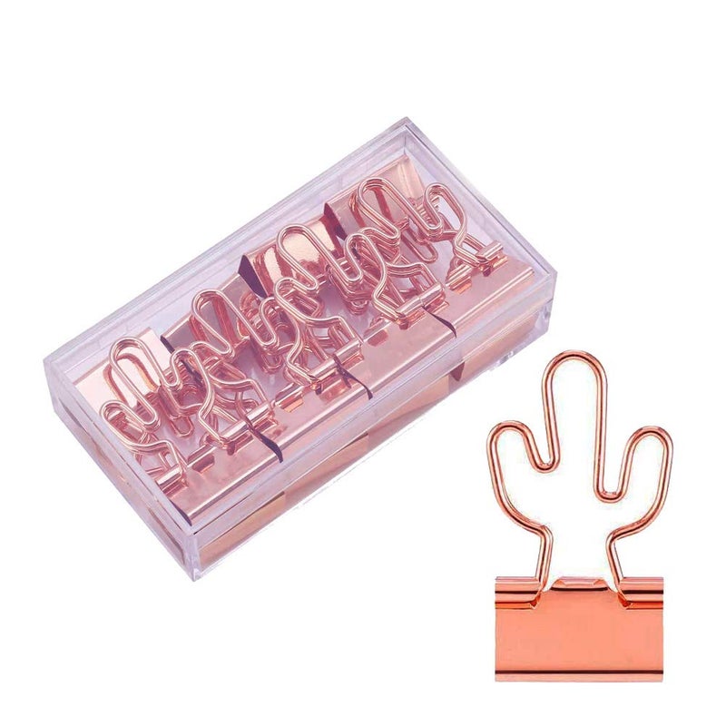 Supfoxer Cactus Binder Clips with Cute Rose Gold Medium Binder Clips in Acrylic Crystal Box for Office School and Home Supplies - Image 1